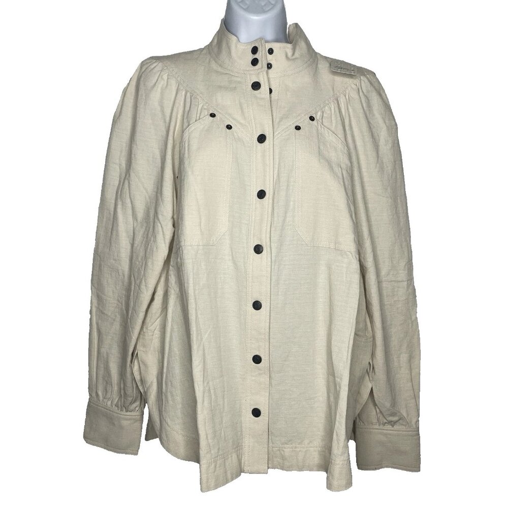 Shona Joy Priscila Linen Utility Shirt Size 10 Ivory Crema High Neck Snap Front